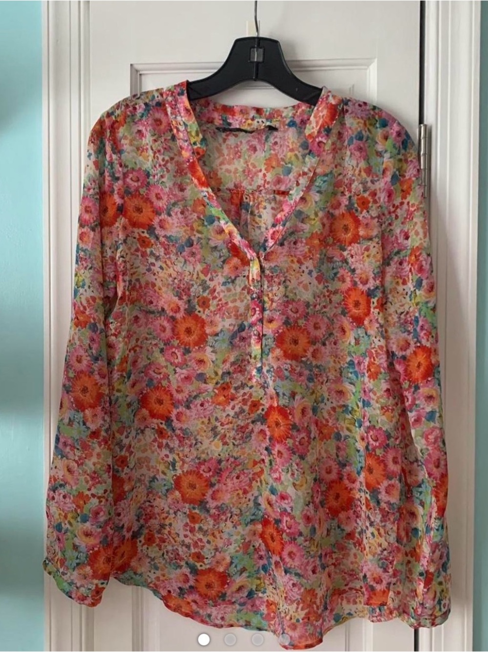 Zara Floral Sheer V-Neck Blouse - Orange, Pink, Green